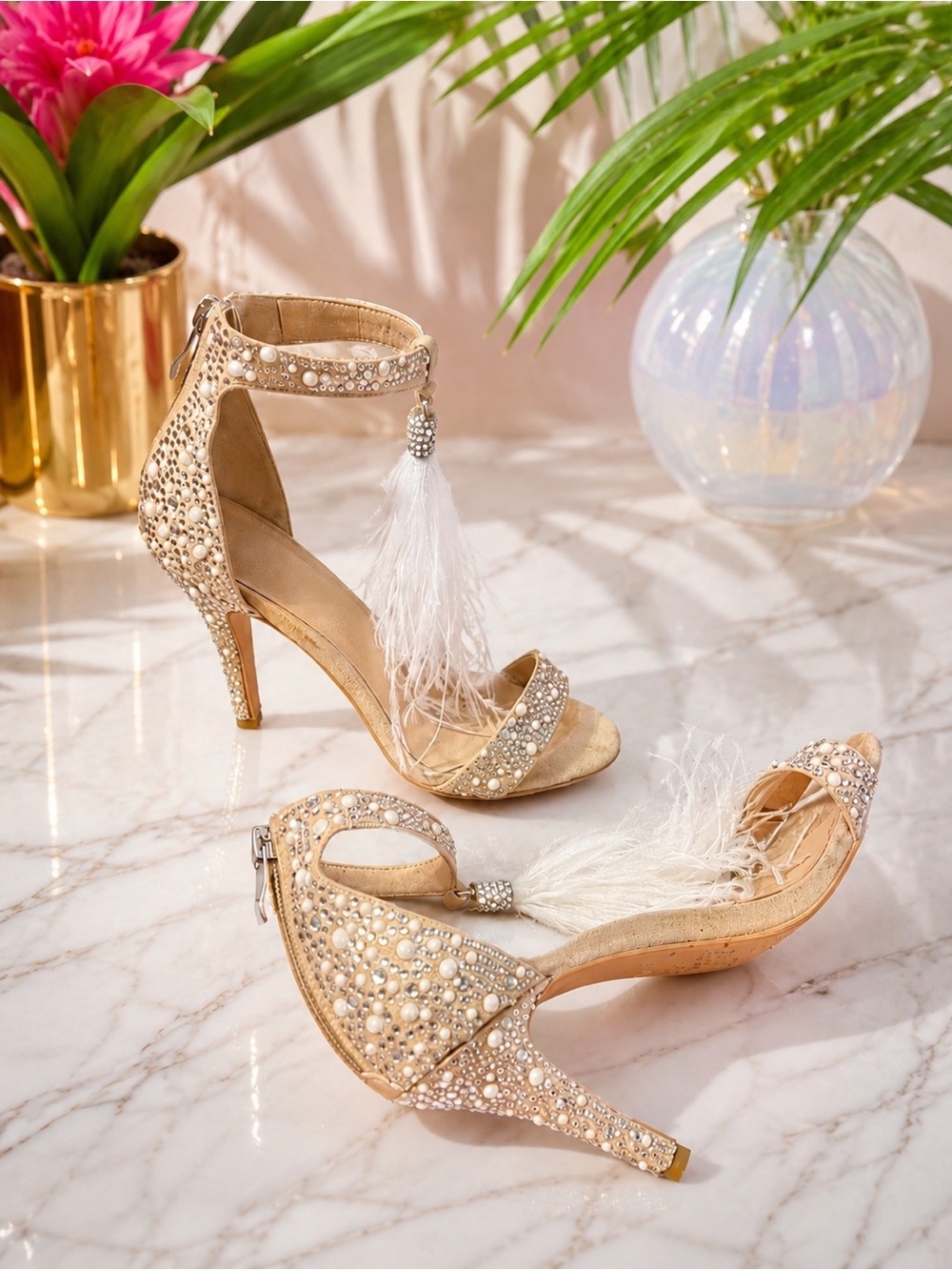 Embellished Crystal and Pearl Feather Tassle Ankle-Strap Heels in Blush/Nude
